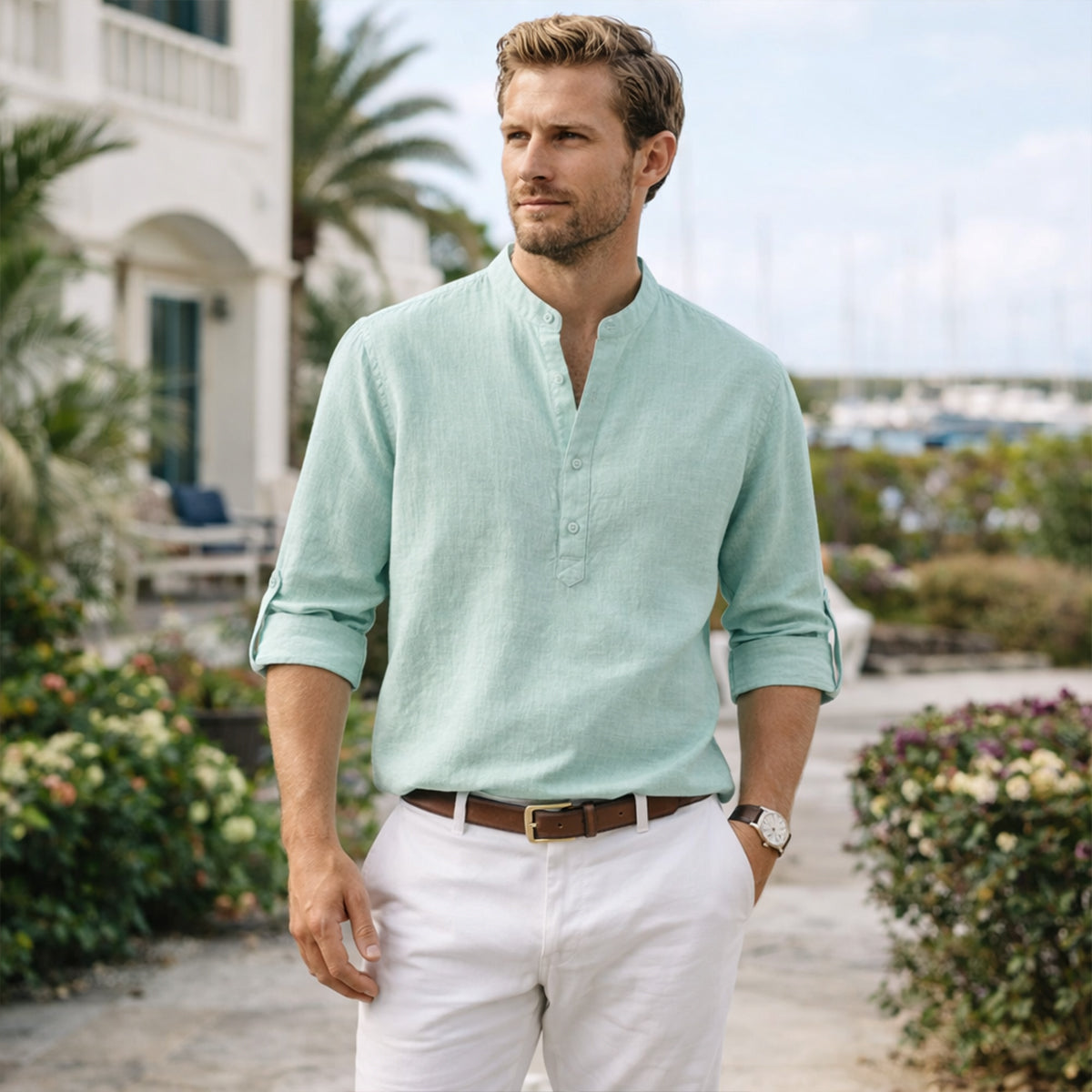Axel | Men's Linen Shirt Light Green Long Sleeve Button Up