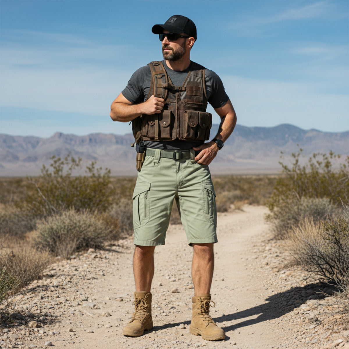 Leo | Men's Cargo Shorts Khaki With Belt Multiple Pockets