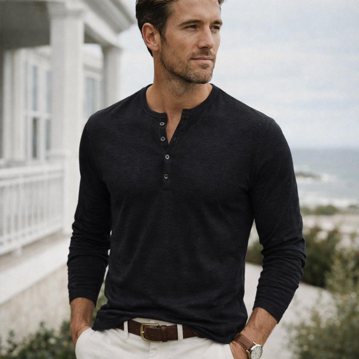 Axel | Men's Henley Shirt Black Long Sleeve Button Neck