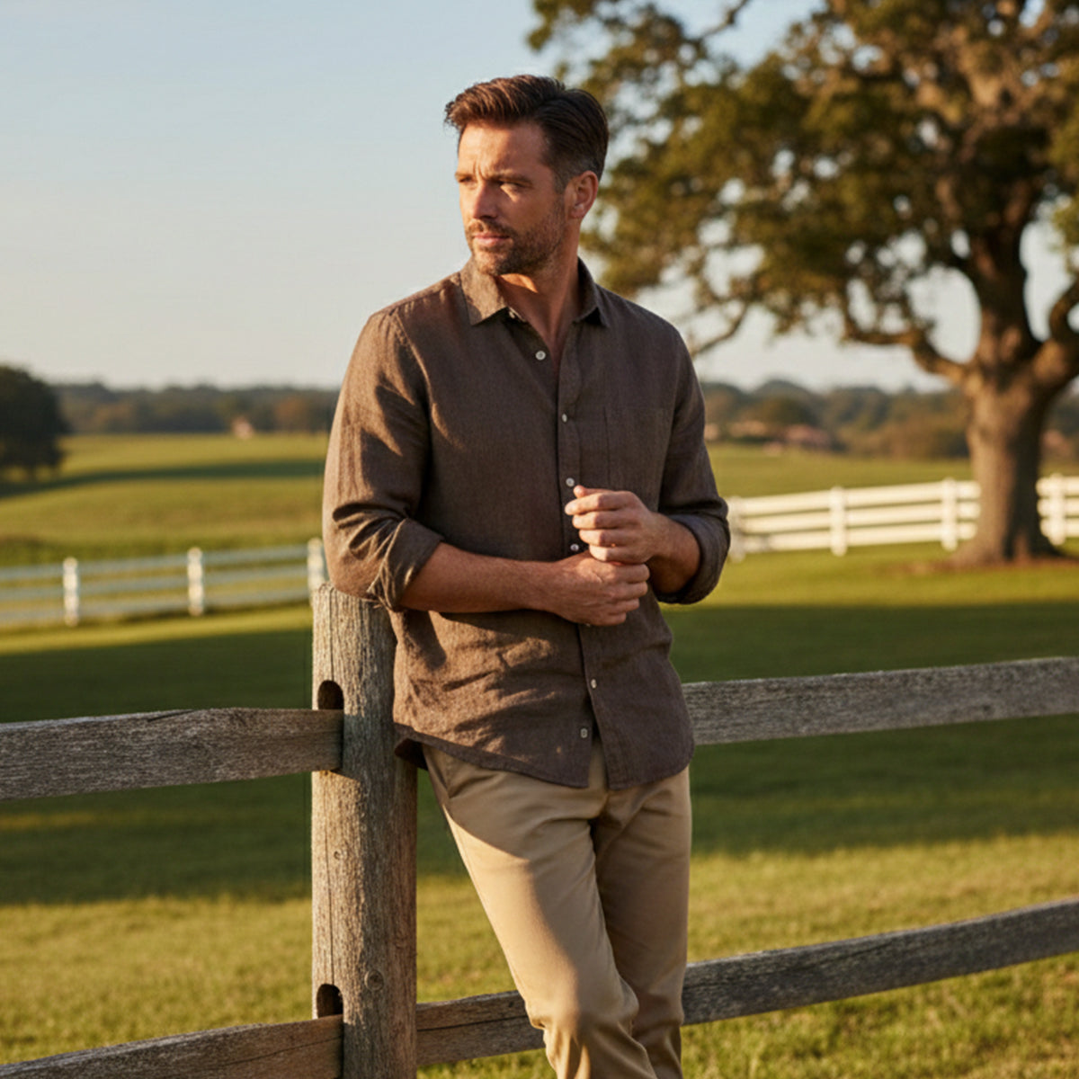 Beau | Men's Linen Button Up Shirt Brown Long Sleeve Casual
