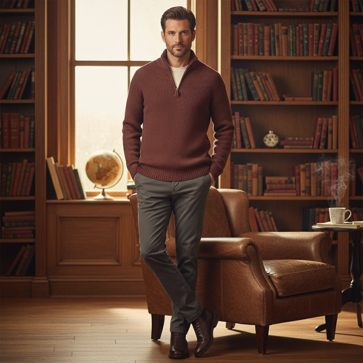 Callum | Men's Quarter Zip Sweater Blue Ribbed Knit