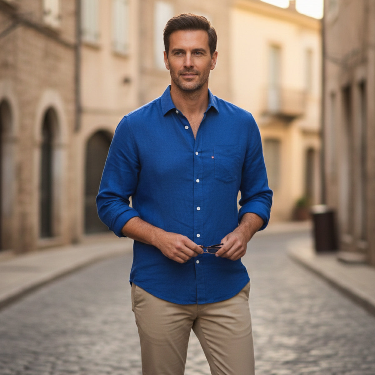 Beau | Men's Casual Linen Shirt Blue Long Sleeve Button Up
