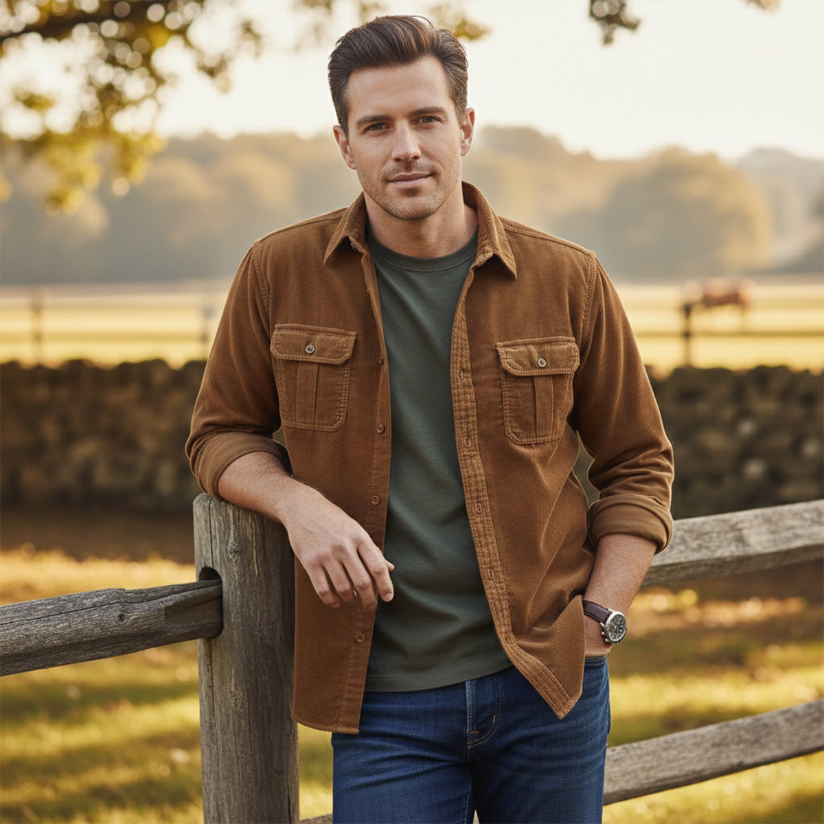 Kai | Men's Casual Corduroy Button Up Shirt Brown