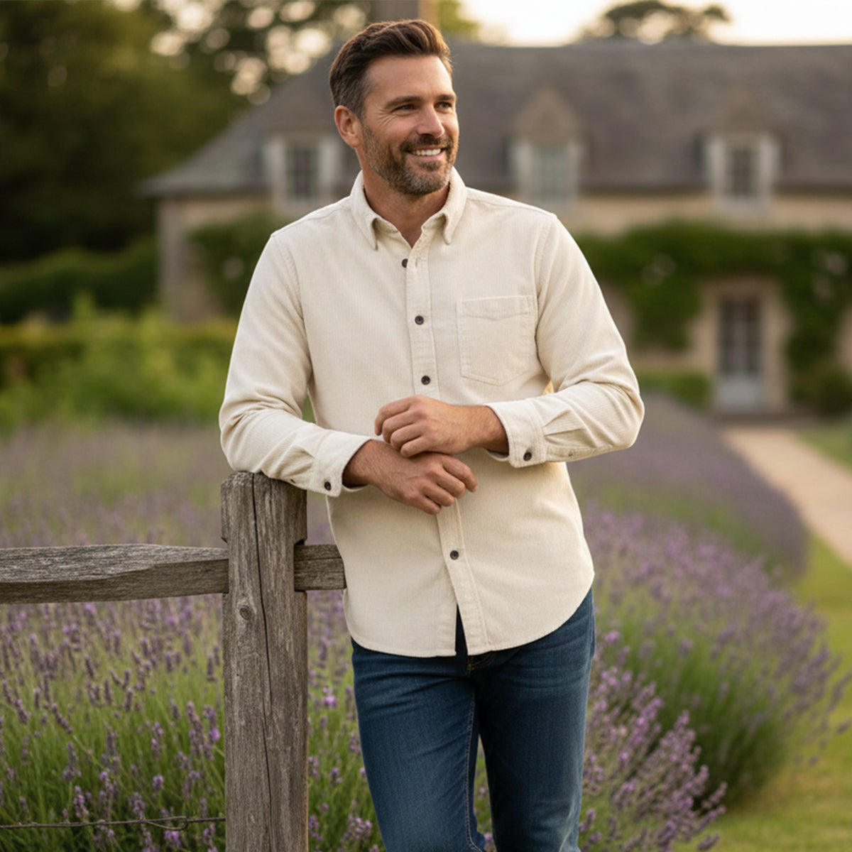 Beau | Men's Corduroy Button Up Shirt Cream Long Sleeve