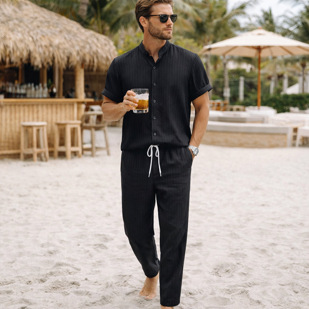 Jasper | Men's Linen Set Light Blue Short Sleeve Shirt Pants