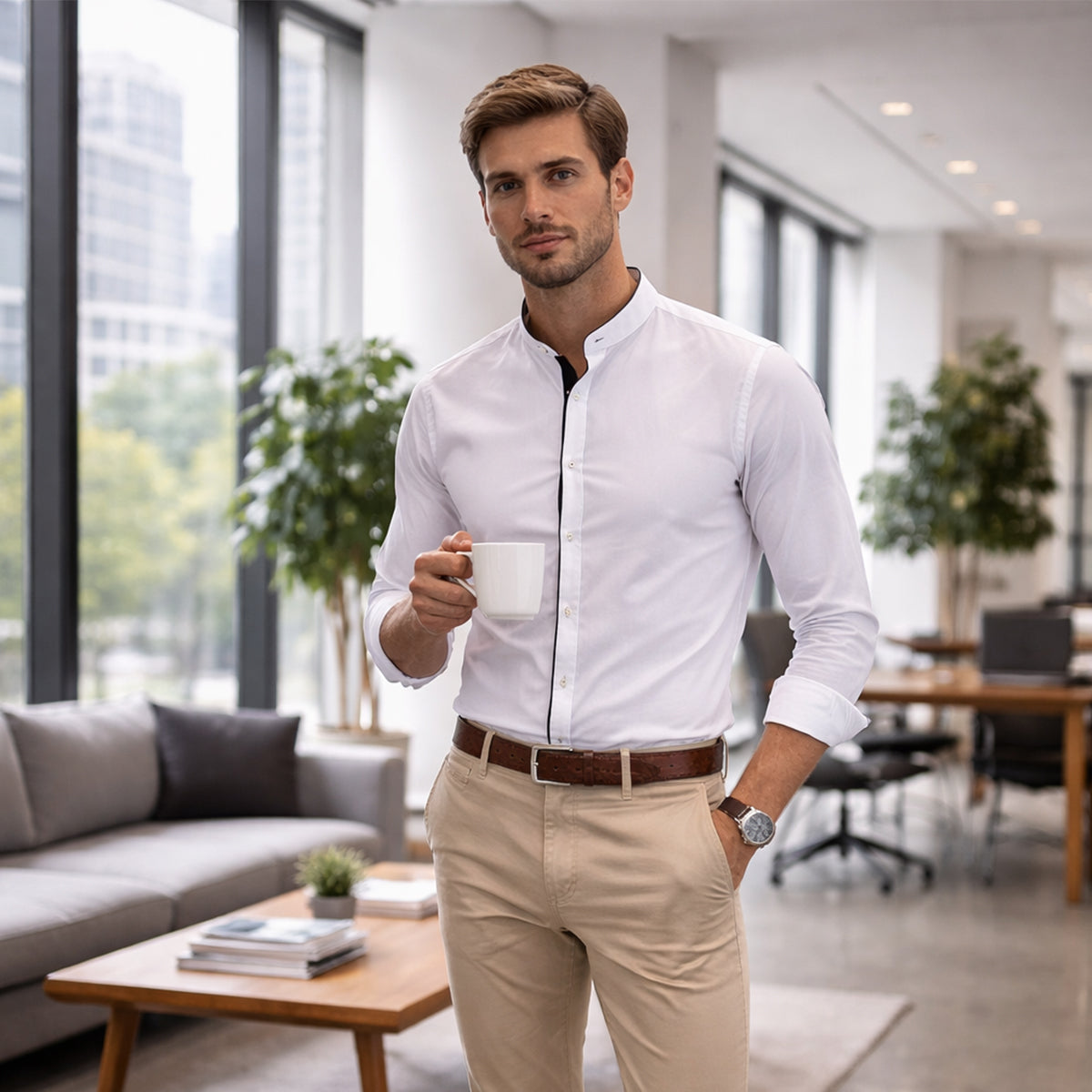 Axel | Men's Button Up Shirt White Black Trim