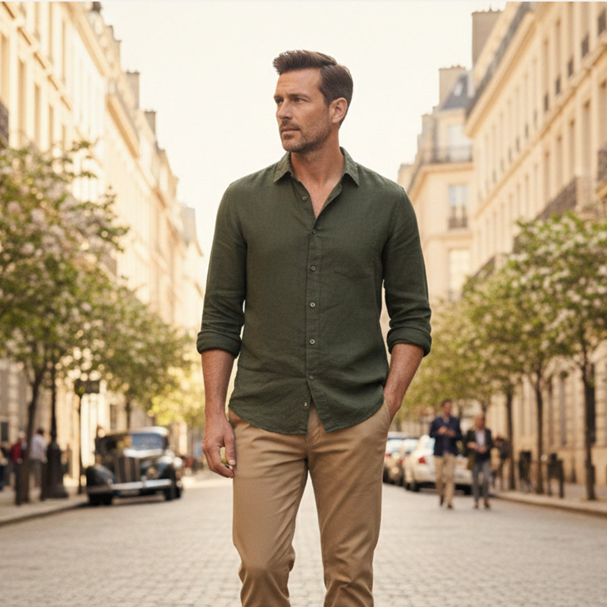 Sage | Men's Casual Linen Blend Button Up Shirt Olive Green