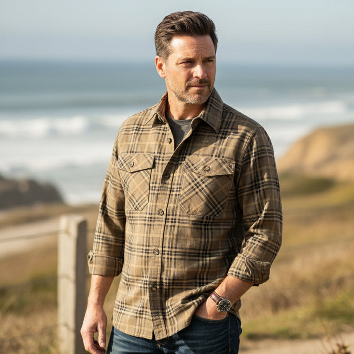 Beau | Men's Flannel Shirt Jacket Tan Plaid Long Sleeve