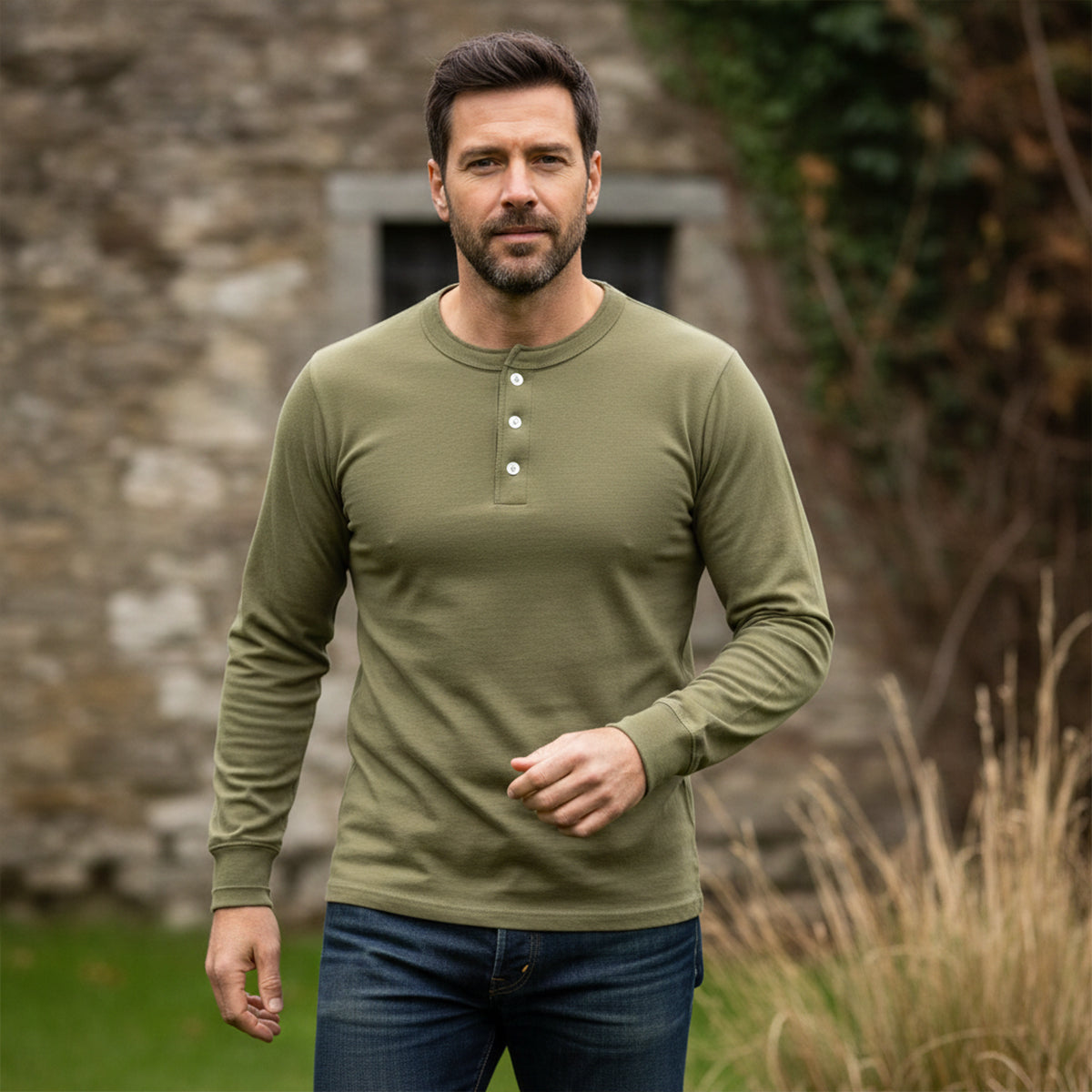 Ash | Men's Henley Shirt Olive Long Sleeve Casual