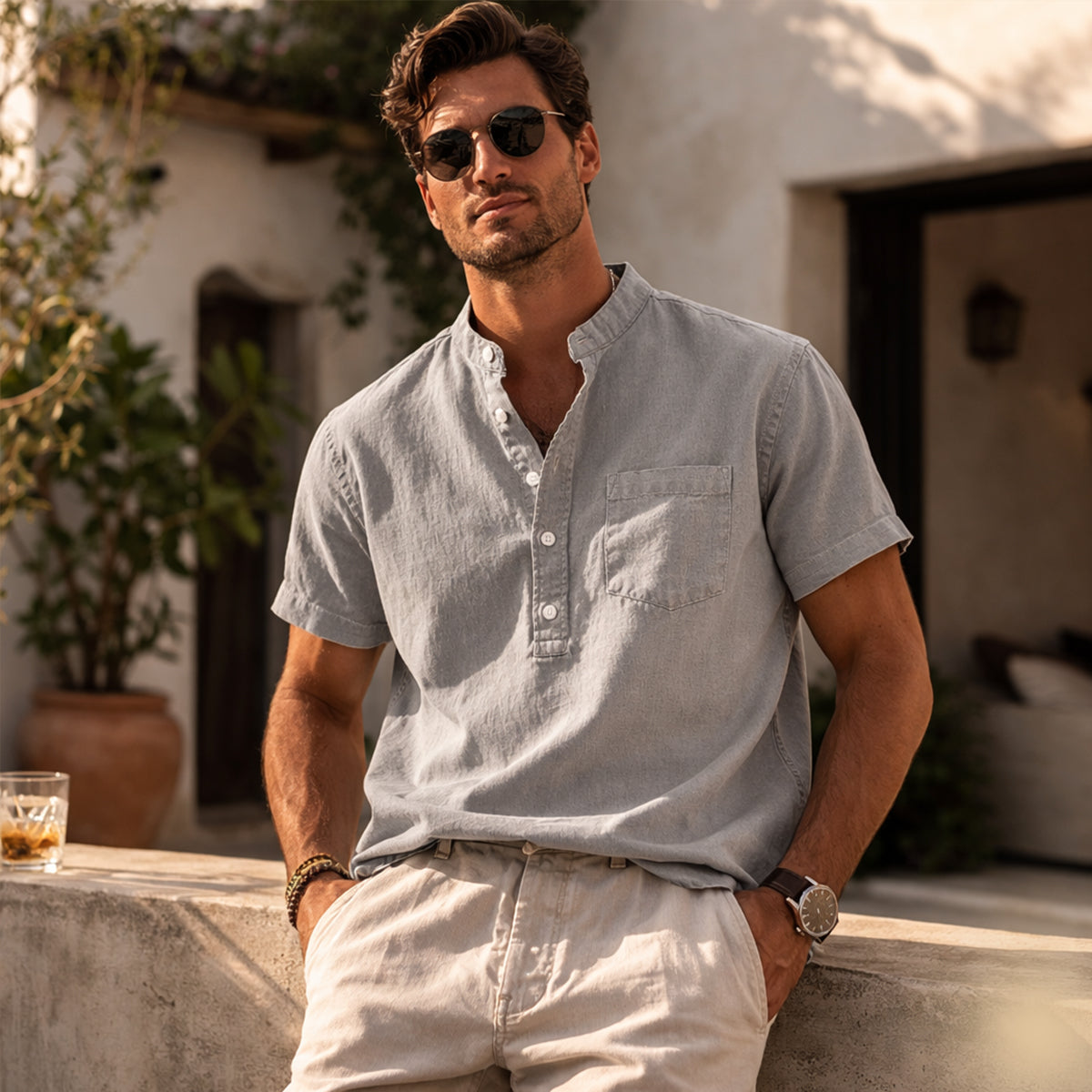 Blake | Men's Henley Shirt Gray Short Sleeve Casual