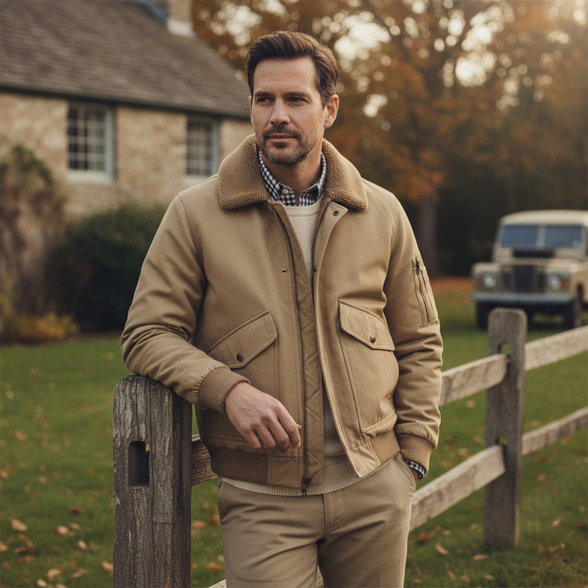 Voss | Men's Utility Bomber Jacket Cream Sherpa Lined