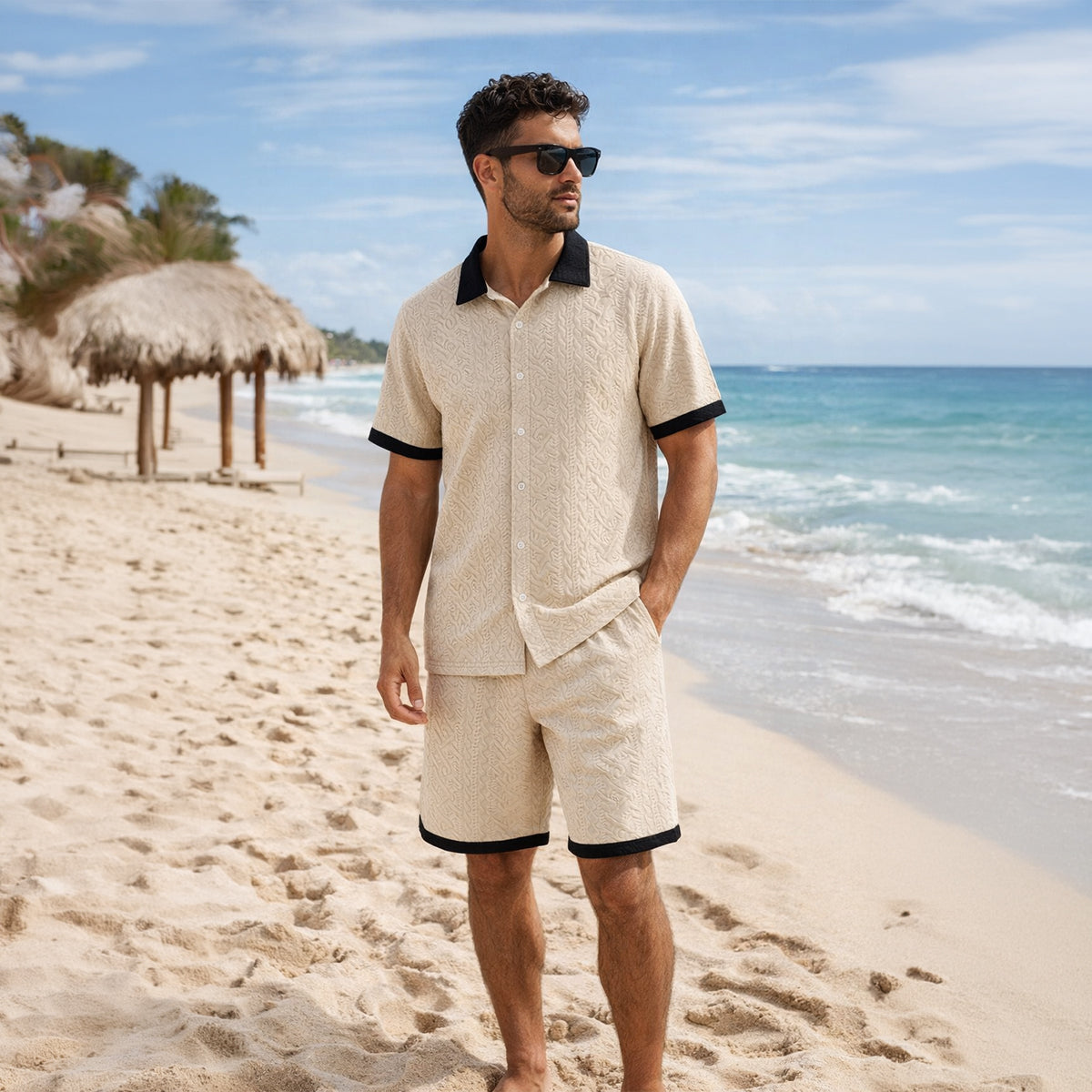 Kael | Men's Lounge Set Cream Textured Short Sleeve Button Up