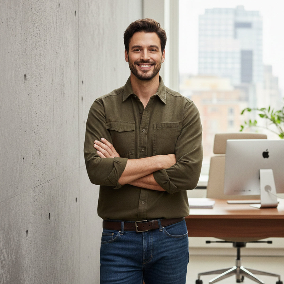 Axel | Men's Denim Shirt Khaki Button Up Long Sleeve
