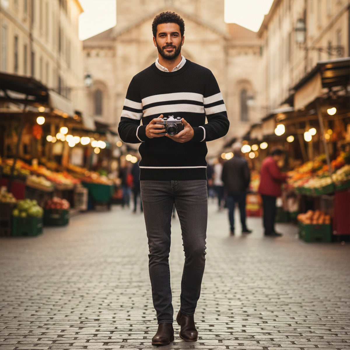 Axel | Men's Crew Neck Sweater Taupe Cream Striped