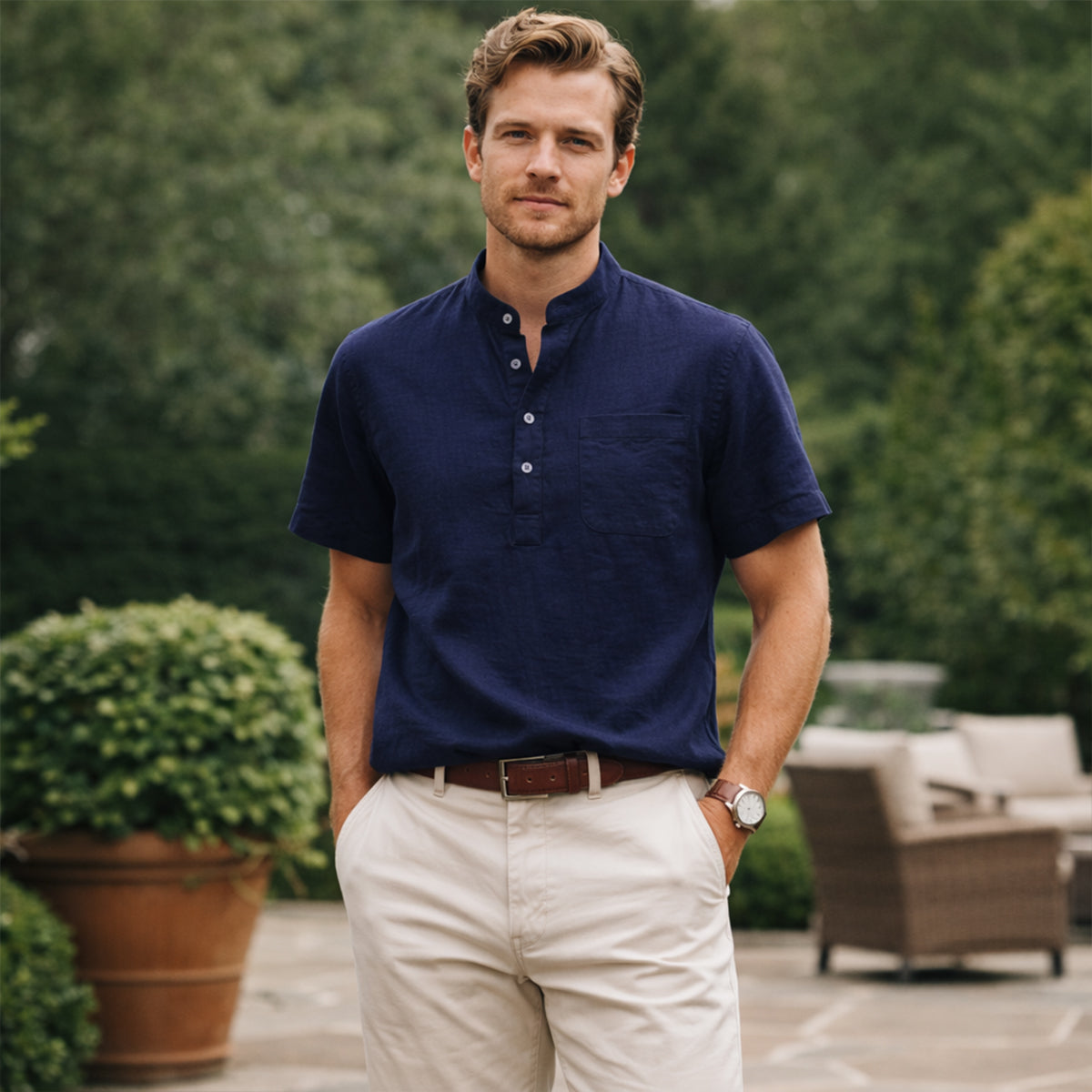 Ivo | Men's Linen Henley Shirt Light Green Short Sleeve