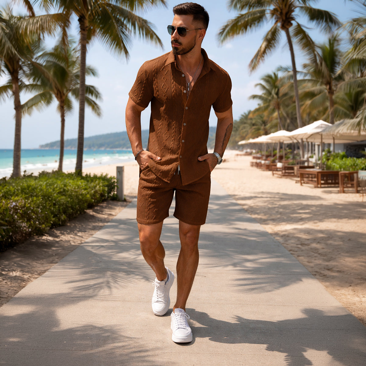 Kael | Men's Lounge Set Cream Textured Short Sleeve Button Up