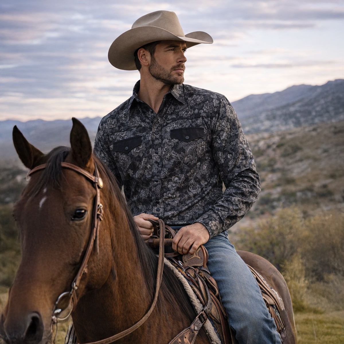 Flint | Men's Patchwork Denim Shirt Navy Cream Long Sleeve