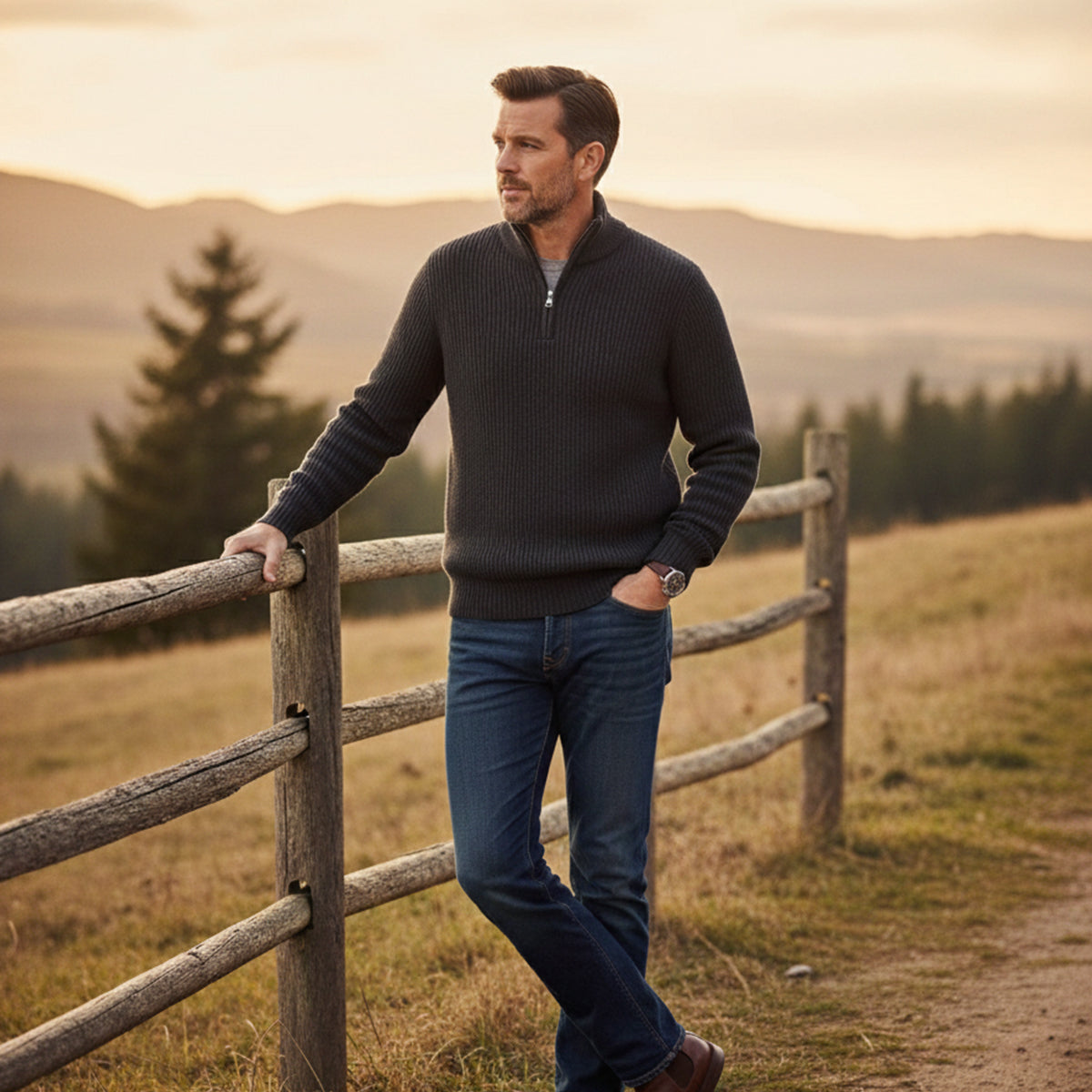 Callum | Men's Quarter Zip Sweater Blue Ribbed Knit