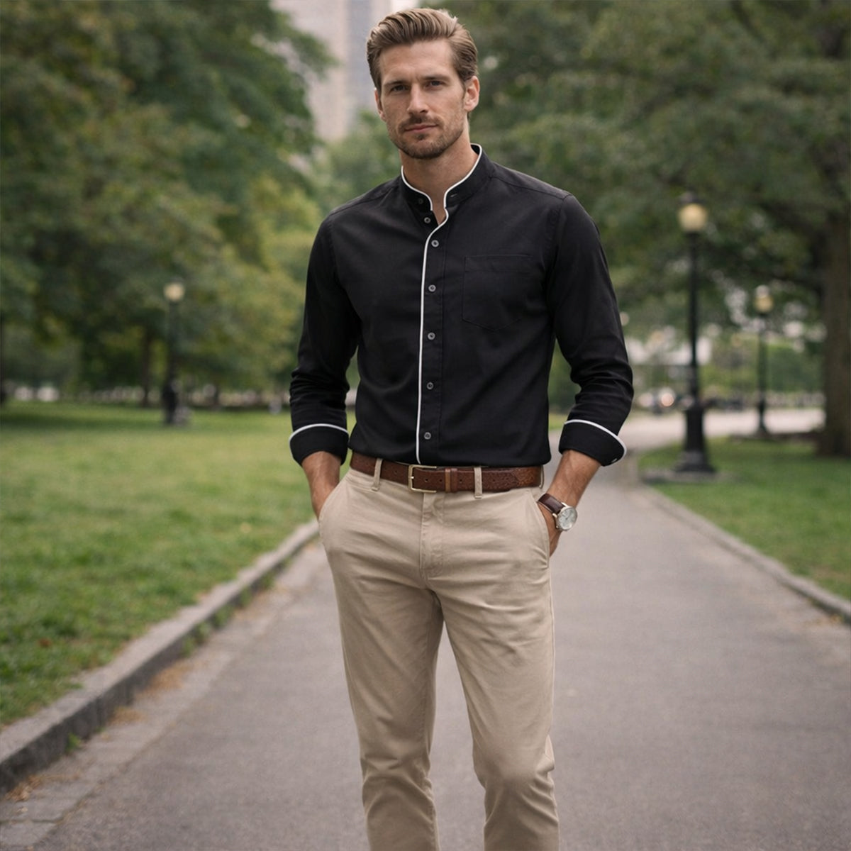 Axel | Men's Button Up Shirt White Black Trim