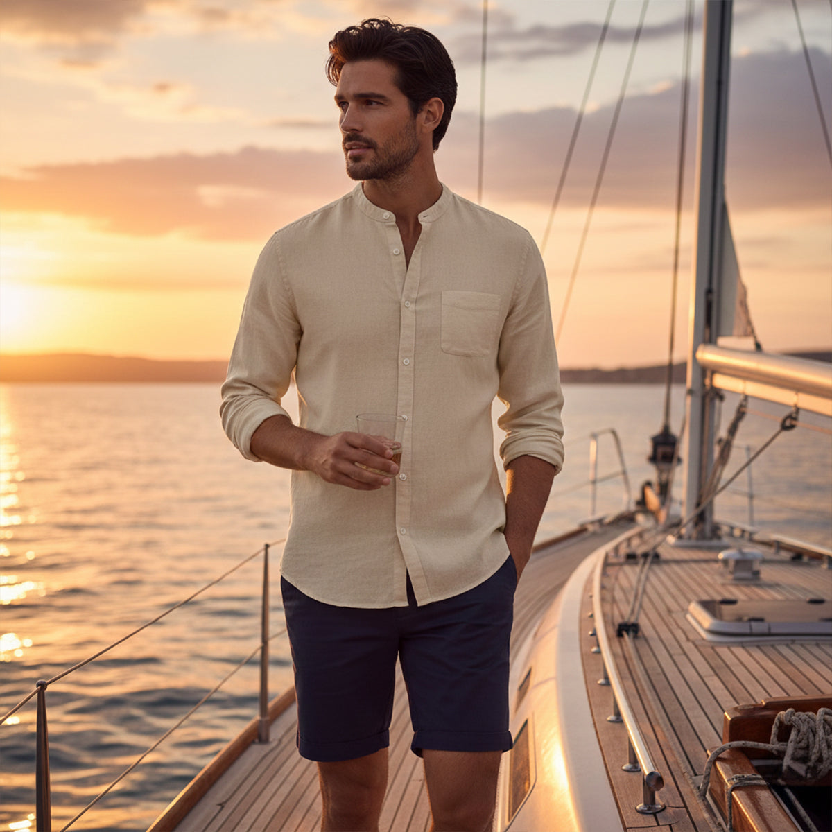 Bram | Men's Linen Shirt Cream Long Sleeve Button Up