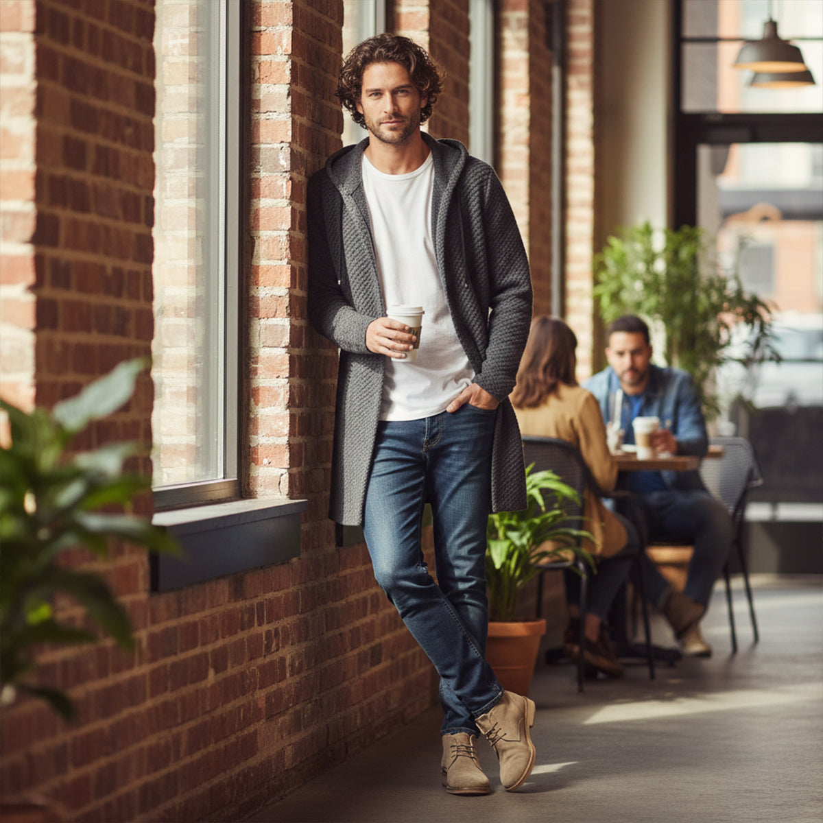 Ezra | Men's Houndstooth Zip Up Hooded Cardigan Cream Black