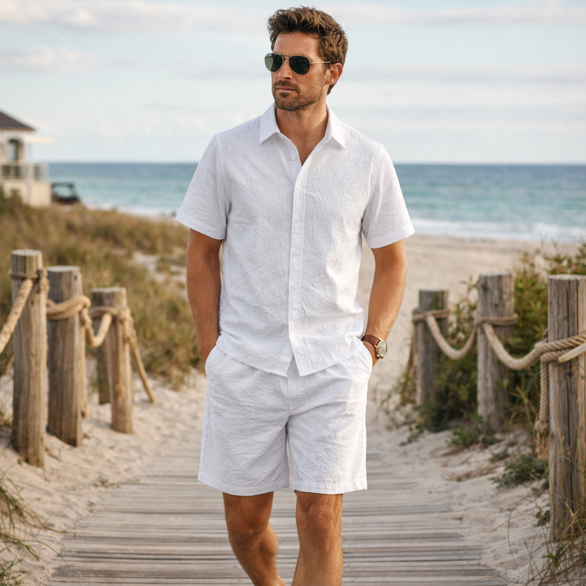 Beau | Men's Lounge Set Light Blue Textured Short Sleeve