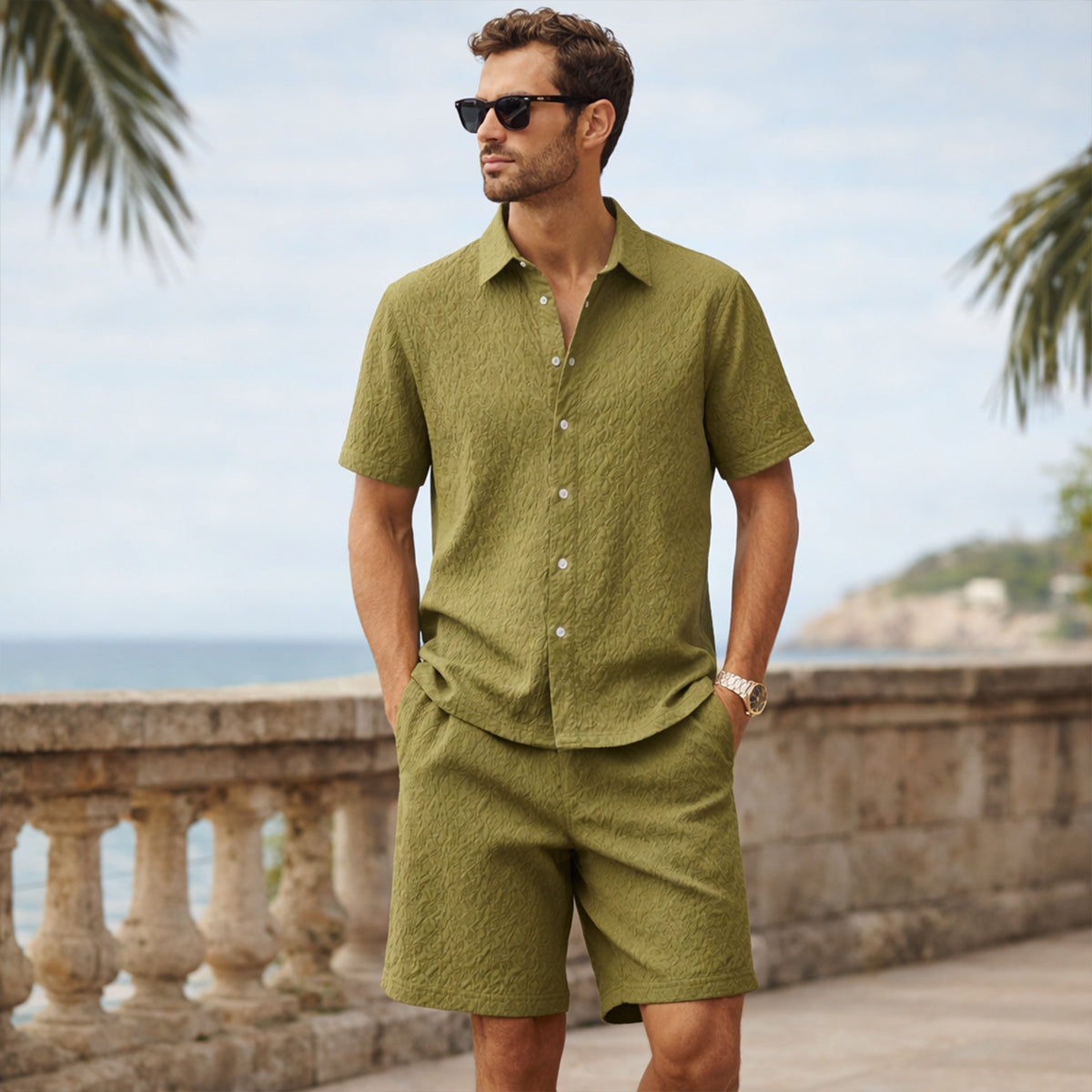 Beau | Men's Sweatsuit Cream Textured Short Sleeve
