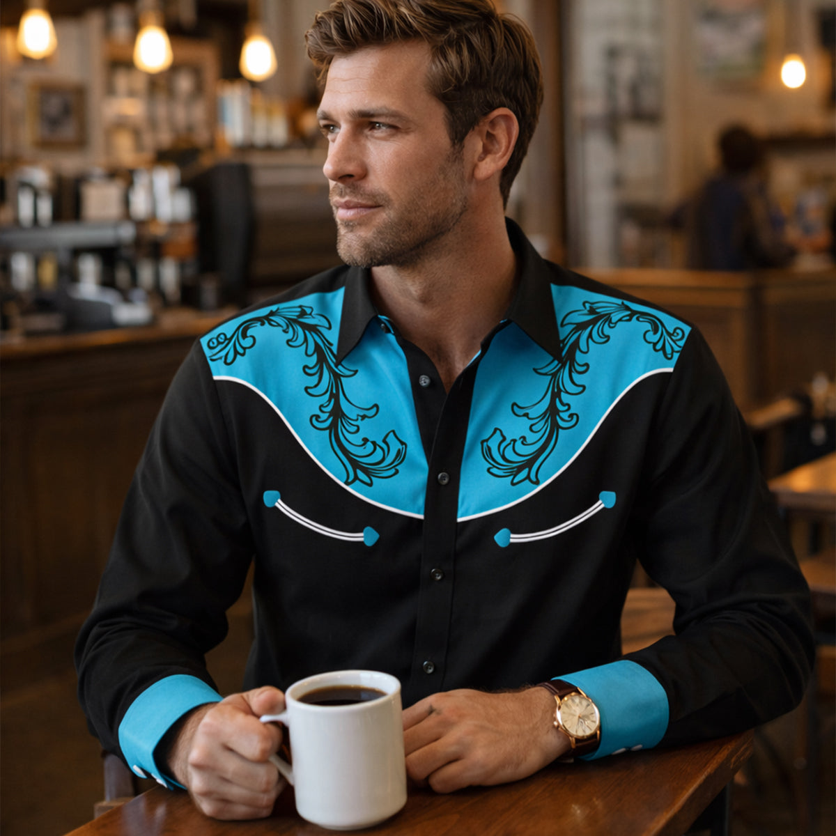 Eli | Men's Western Button Up Shirt Black Turquoise Embroidered