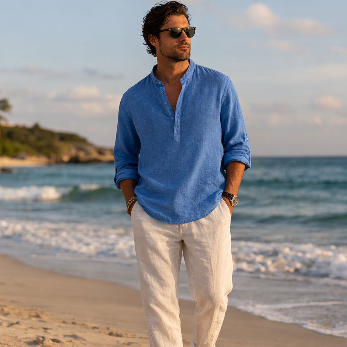 Axel | Men's Linen Shirt Light Green Long Sleeve Button Up