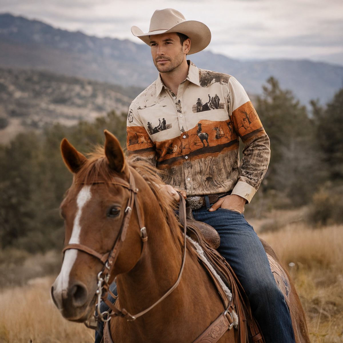 Axel | Men's Western Star Embroidered Button Up Shirt Cream Brown