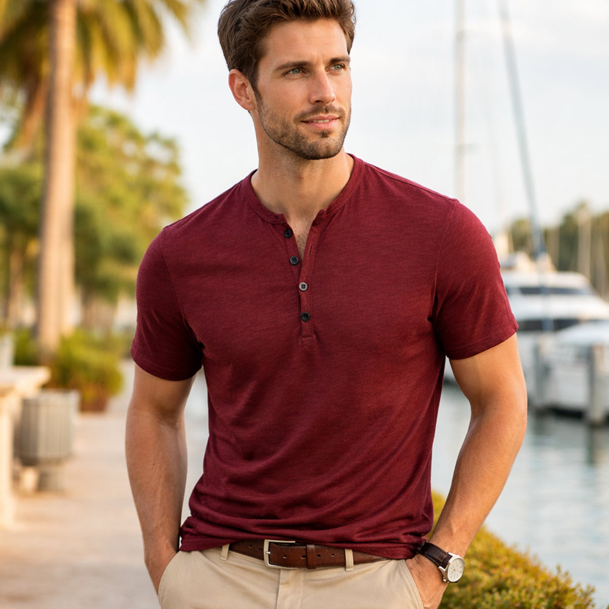 Sage | Men's Henley Shirt Cream Short Sleeve