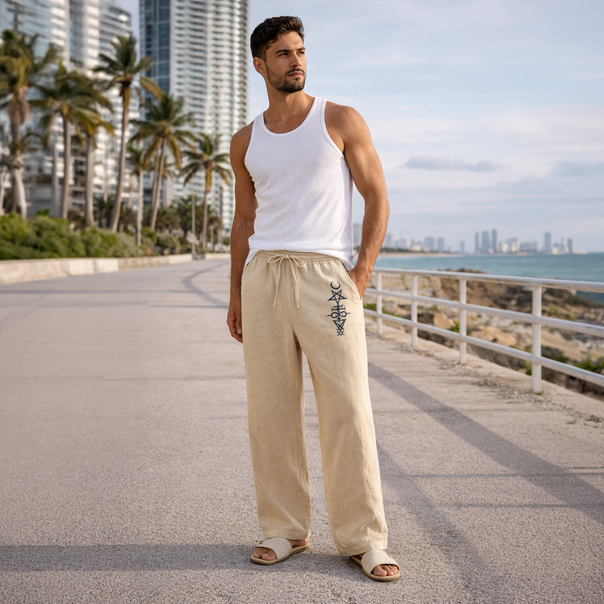 Luca | Men's Relaxed Wide Leg Linen Pants Gray Drawstring