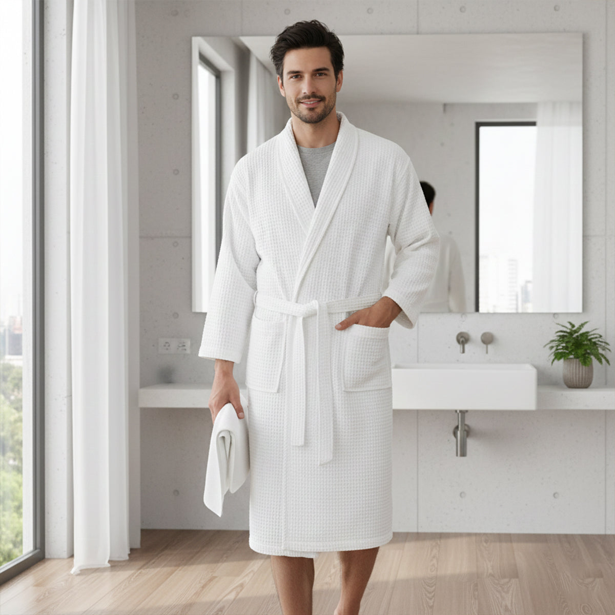 Bram | Men's Robe Cotton Waffle Gold Lightweight Spa Belt