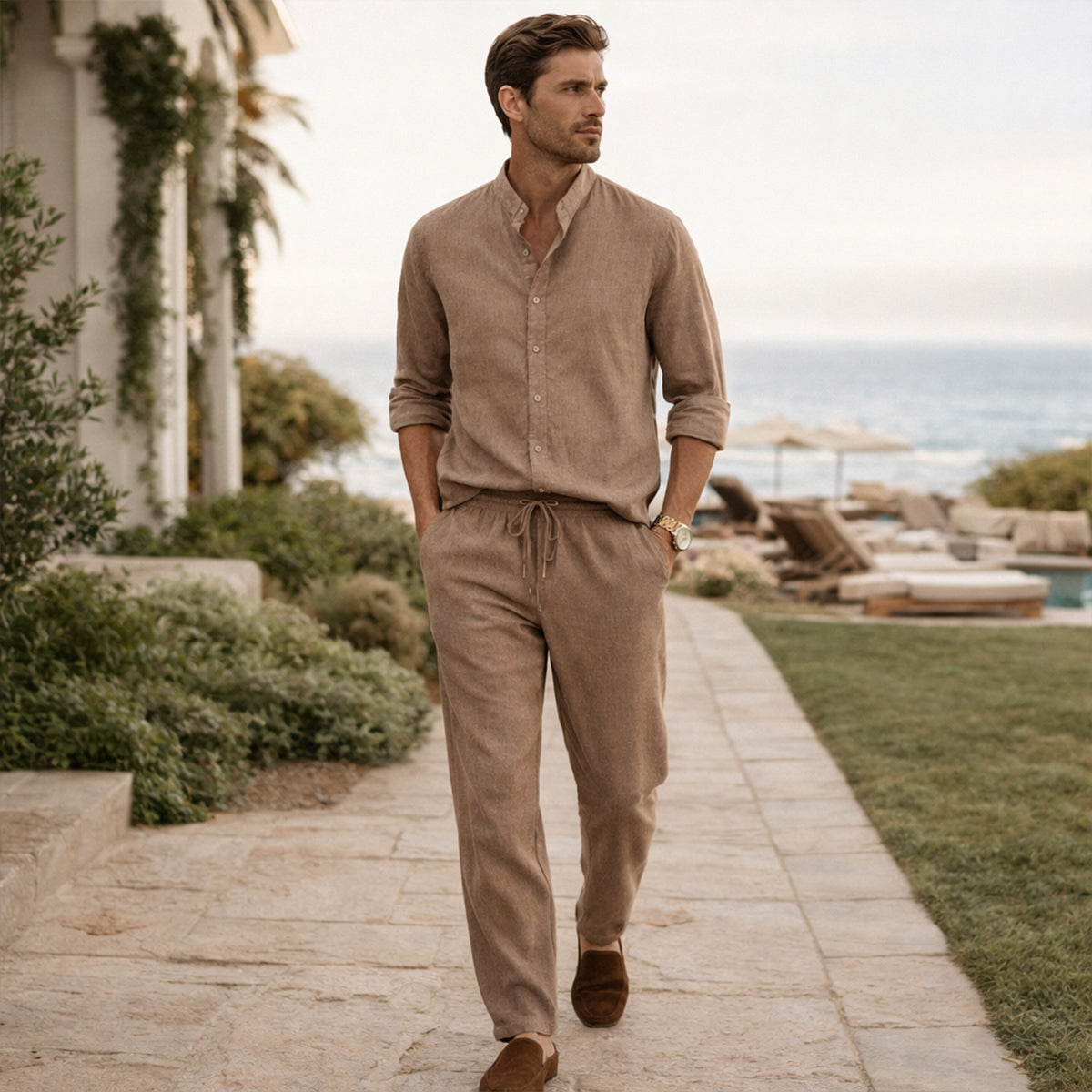 Jasper | Men's Linen Set Navy Long Sleeve Shirt Drawstring Pants