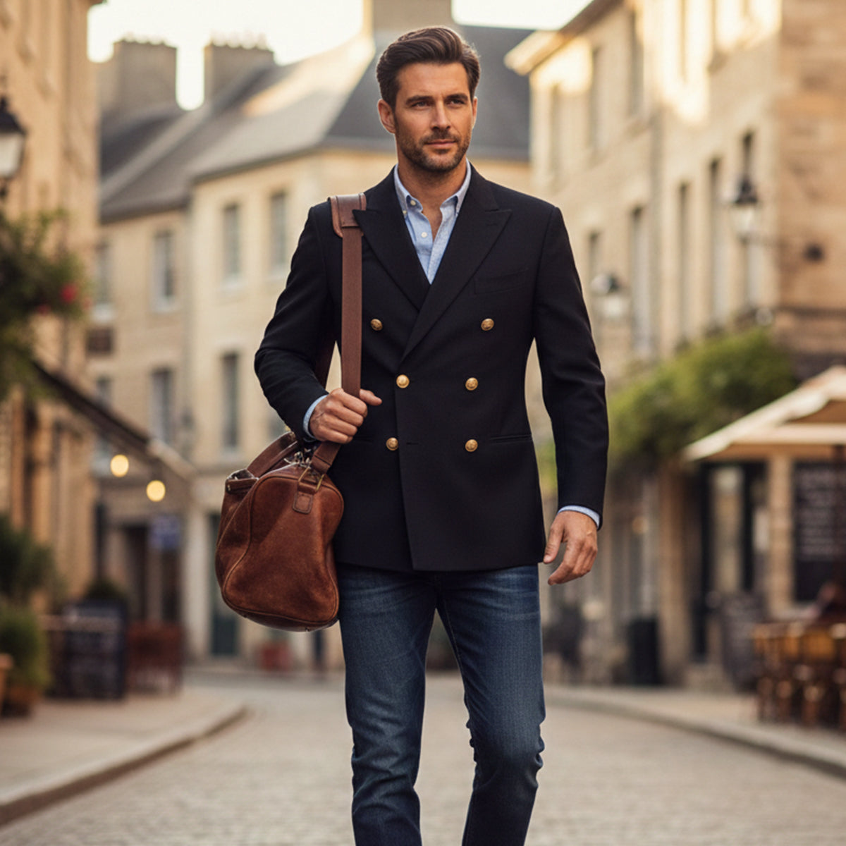 Beau | Men's Double Breasted Blazer Navy Gold Button