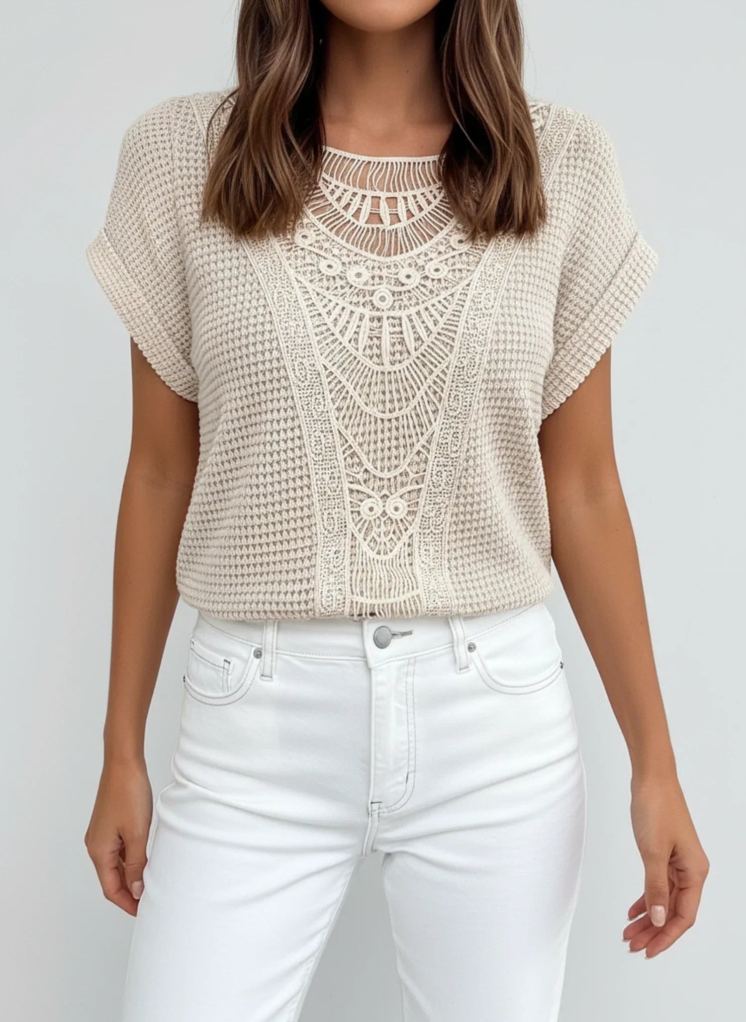 Aria | Women's Crochet Lace Knit Top Light Blue Short Sleeve