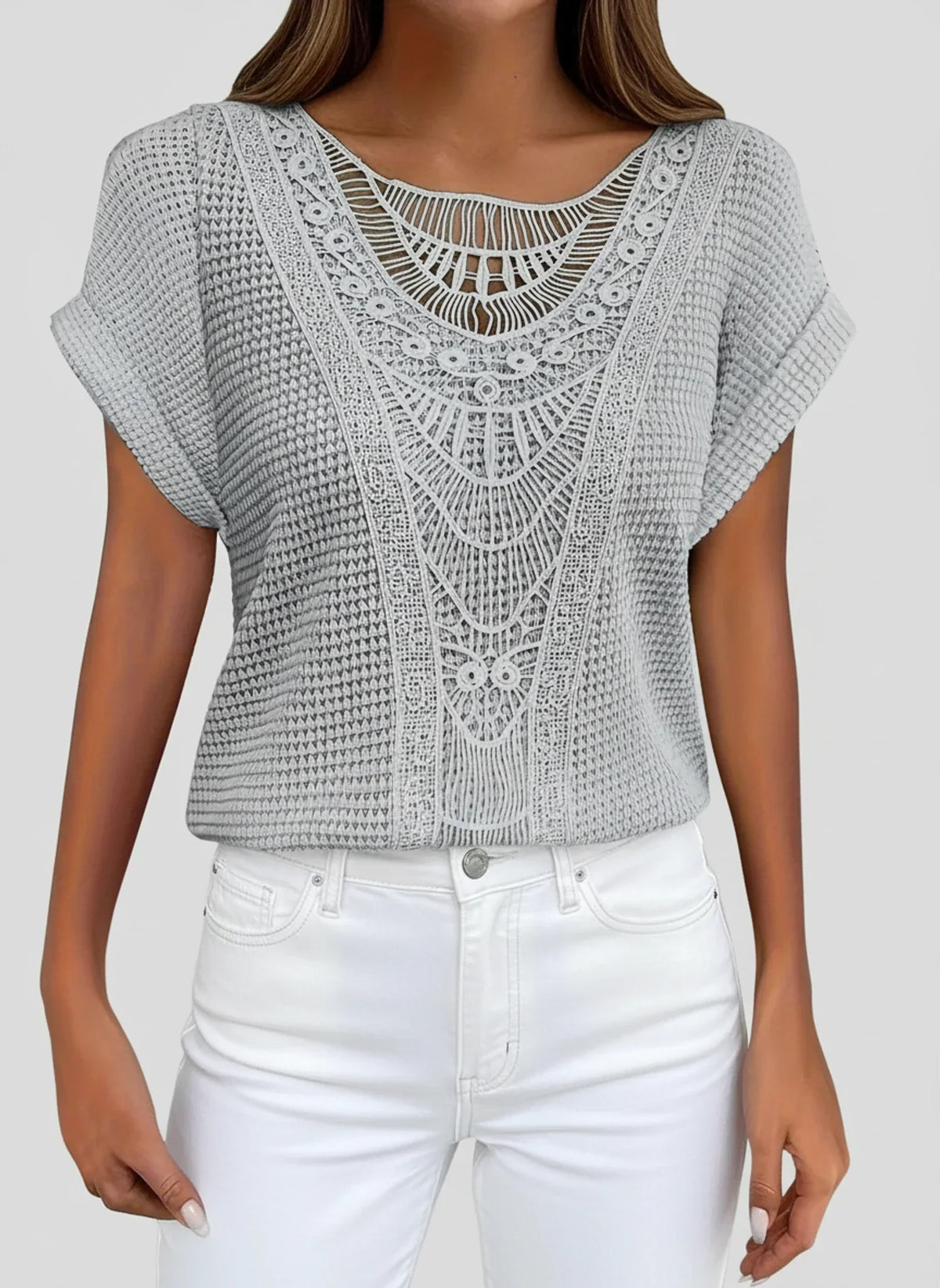 Dama Washington Aria women's crochet lace knit top light blue short sleeve - view 3
