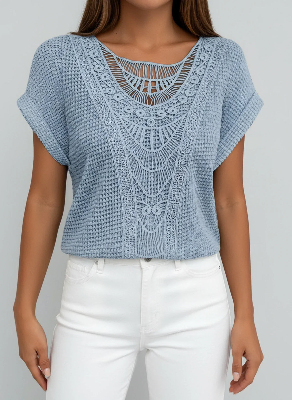 Dama Washington Aria women's crochet lace knit top light blue short sleeve - view 8