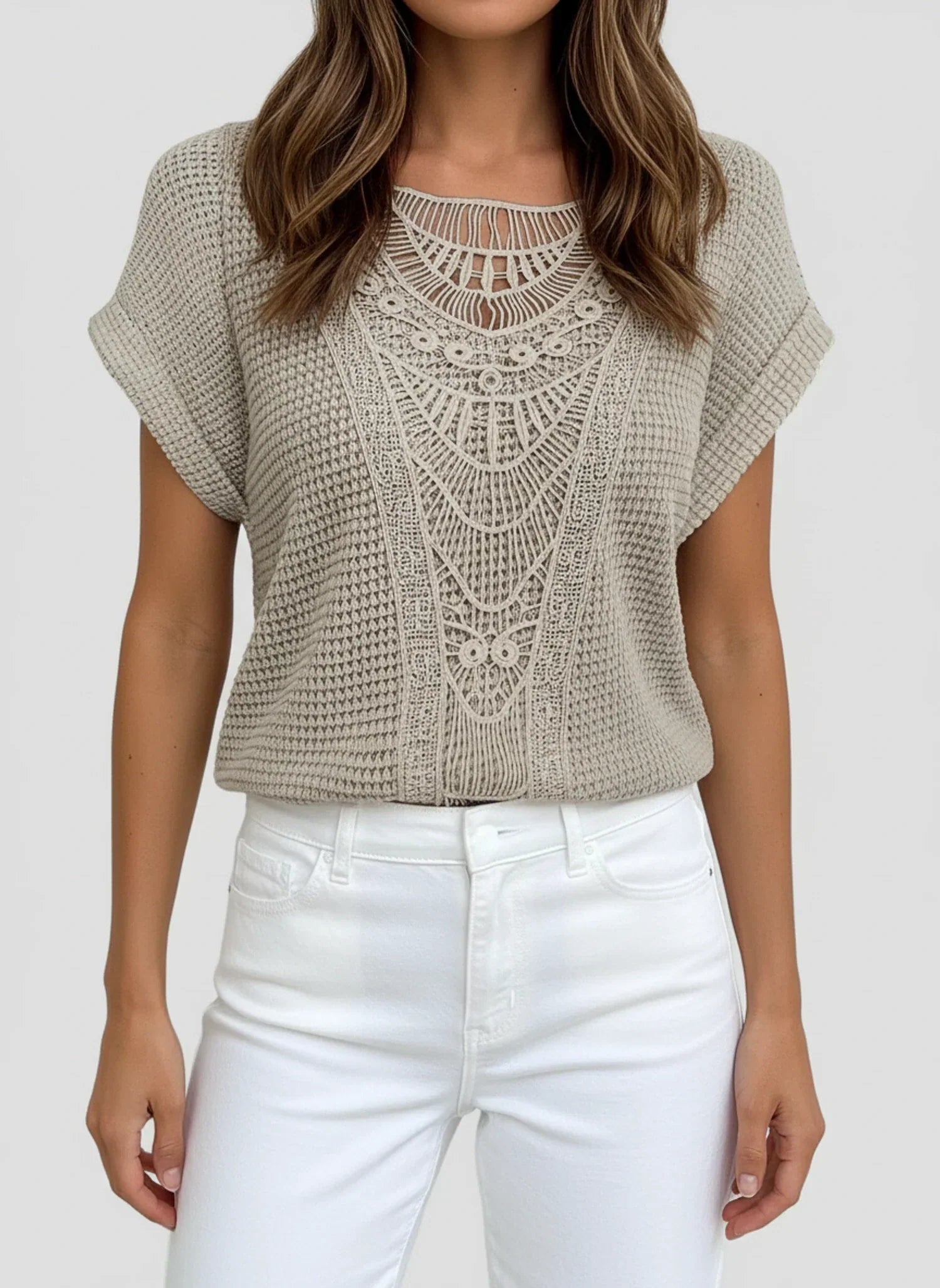 Aria | Women's Crochet Lace Knit Top Light Blue Short Sleeve