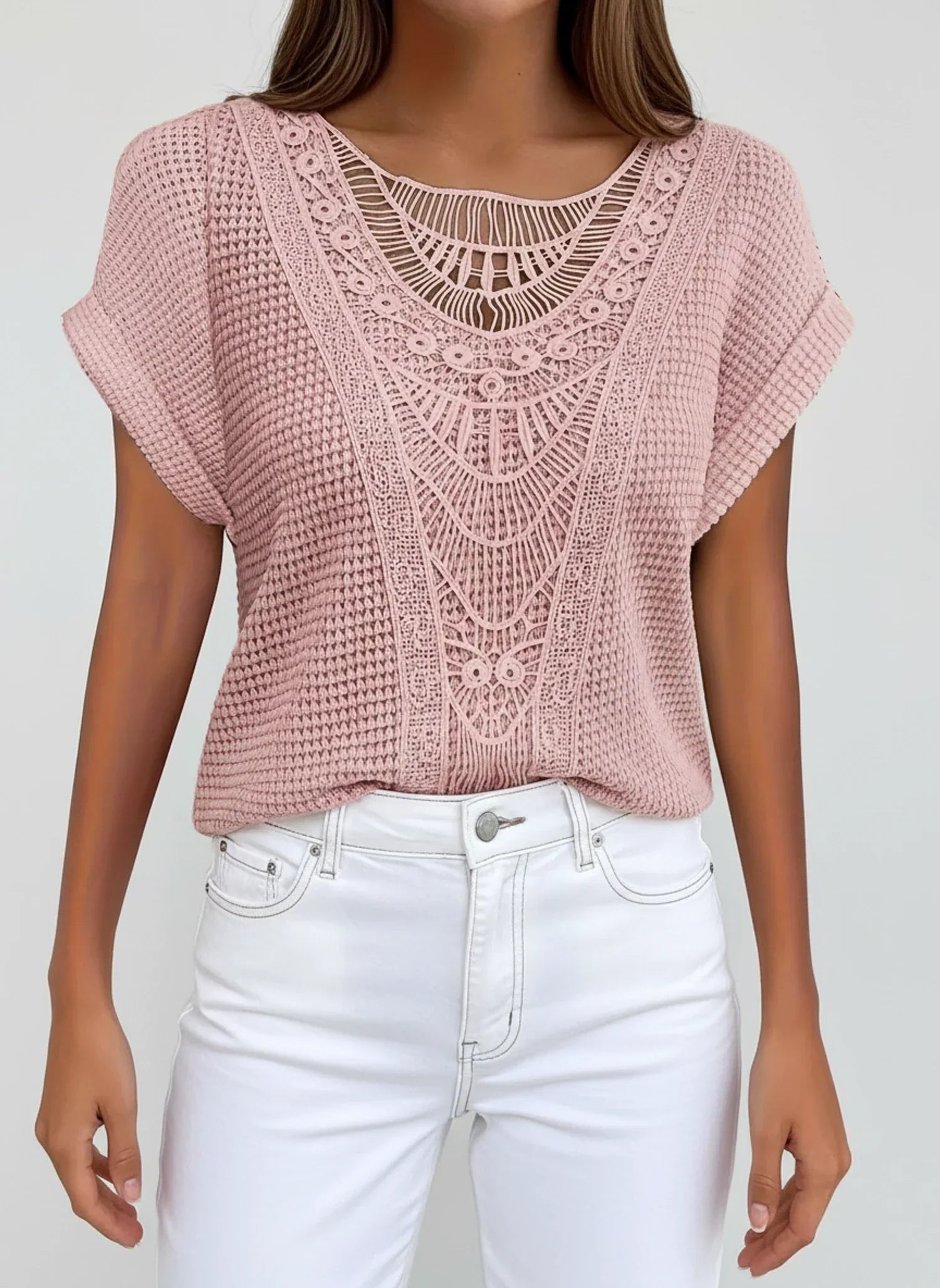 Aria | Women's Crochet Lace Knit Top Light Blue Short Sleeve