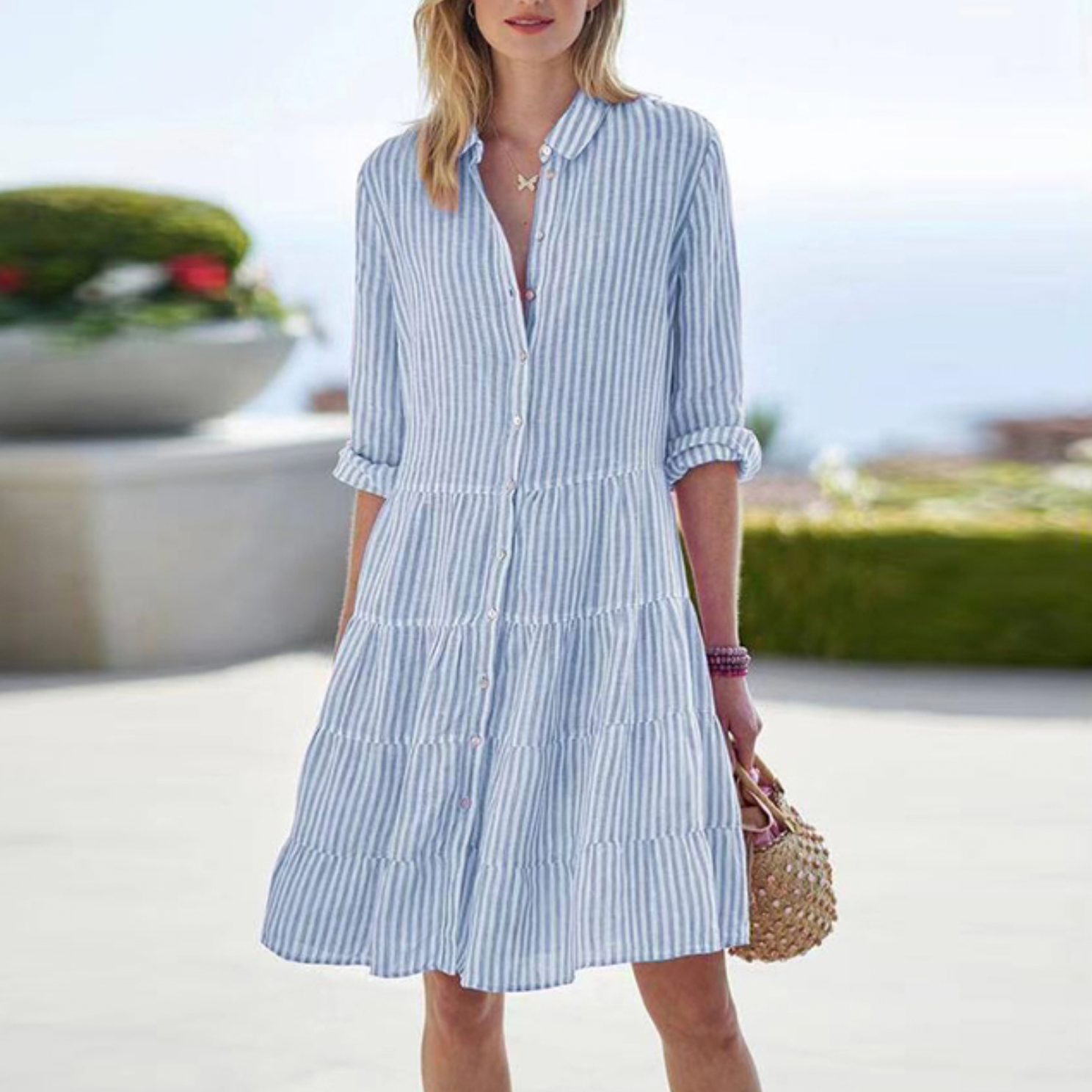 Elise | Women's Striped Button Down Dress Light Blue