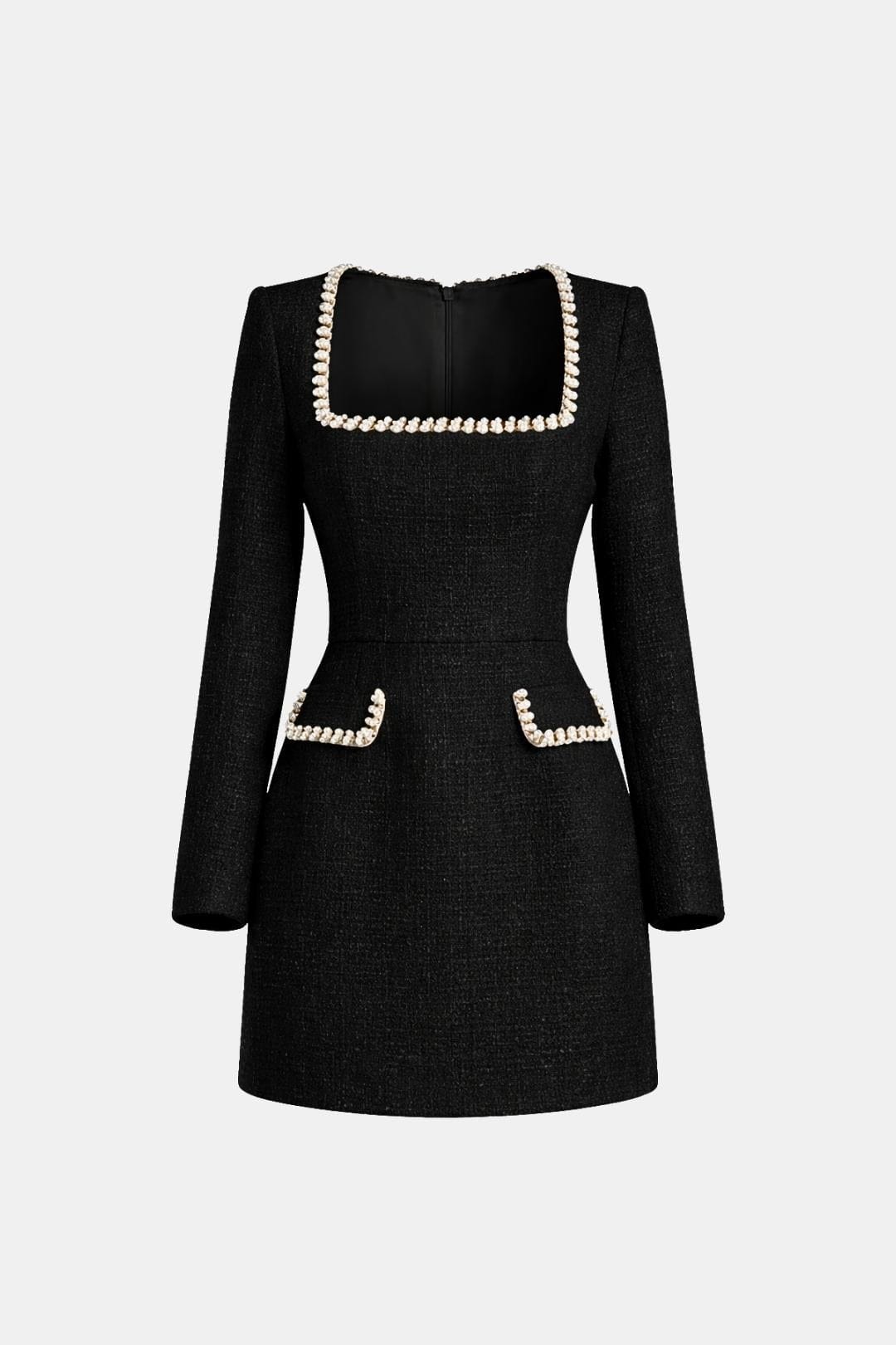 Elise | Women's Pearl Trim Tweed Mini Dress Cream Long Sleeve