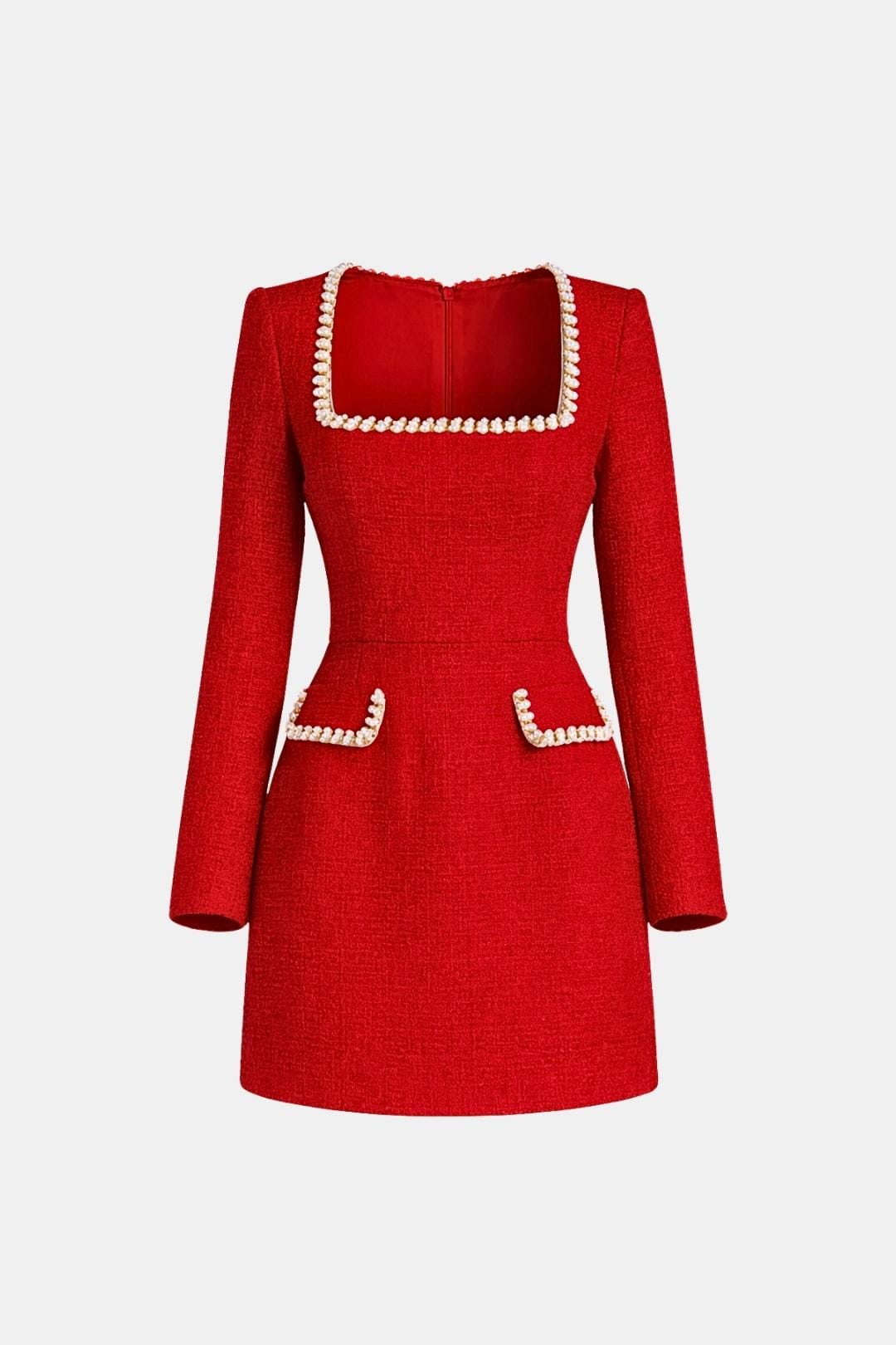 Elise | Women's Pearl Trim Tweed Mini Dress Cream Long Sleeve