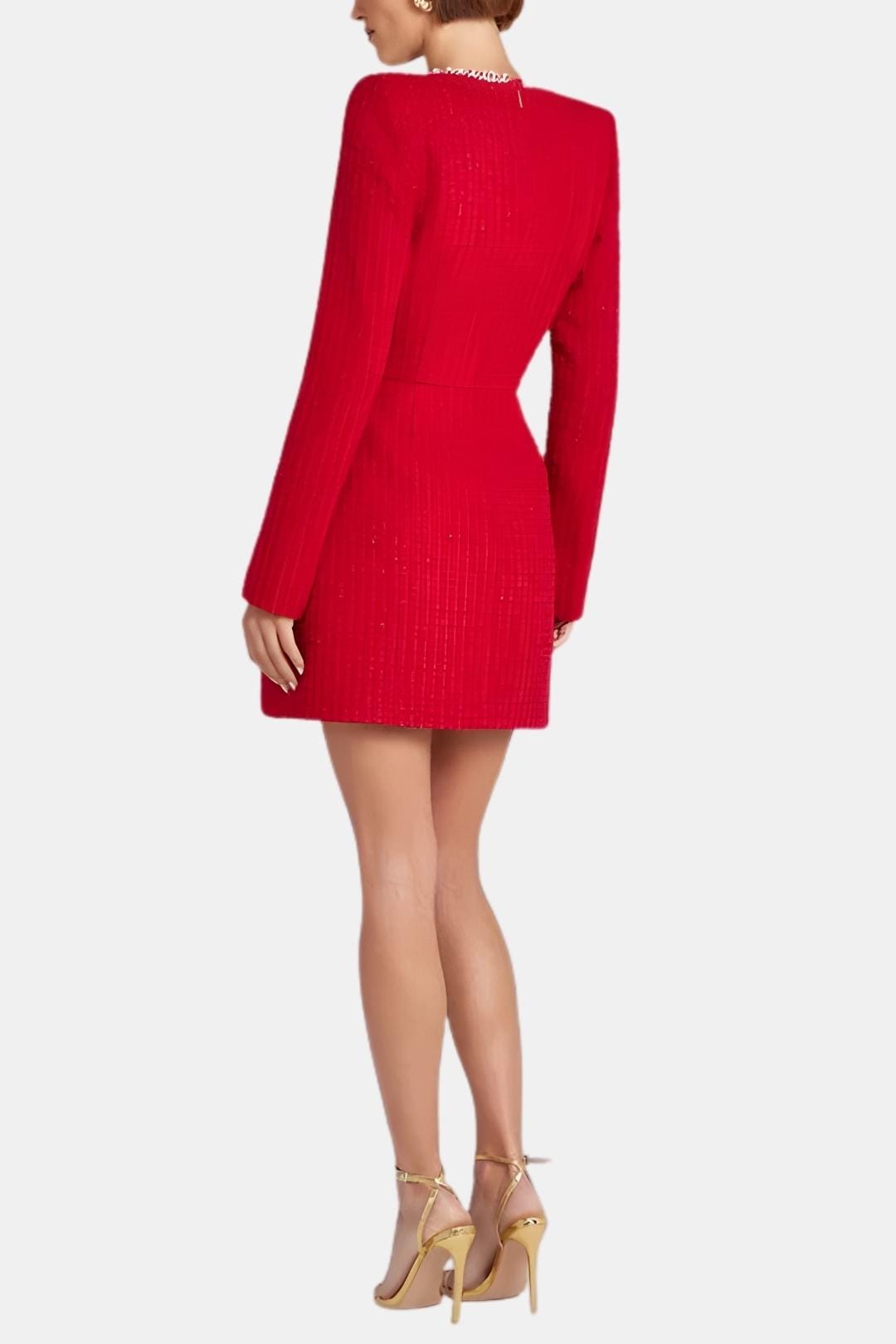 Elise | Women's Pearl Trim Tweed Mini Dress Cream Long Sleeve
