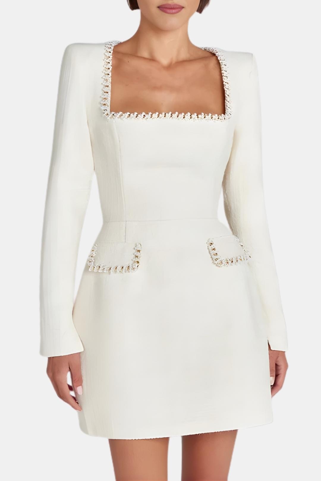 Elise | Women's Pearl Trim Tweed Mini Dress Cream Long Sleeve