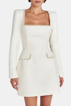 Dama Washington Elise women's pearl trim tweed mini dress cream long sleeve - view 4