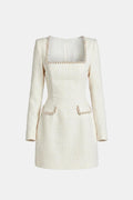 Dama Washington Elise women's pearl trim tweed mini dress cream long sleeve - front view
