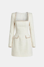 Dama Washington Elise women's pearl trim tweed mini dress cream long sleeve - front view