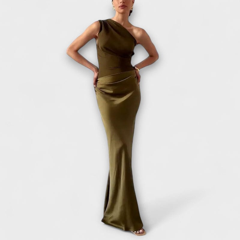 Faye | Women's One Shoulder Maxi Dress Brown Satin