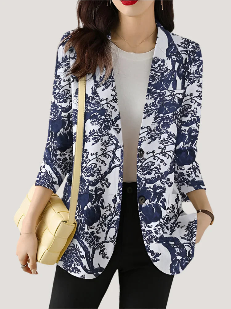 Greta | Women's Floral Print Blazer Navy White Long Sleeve